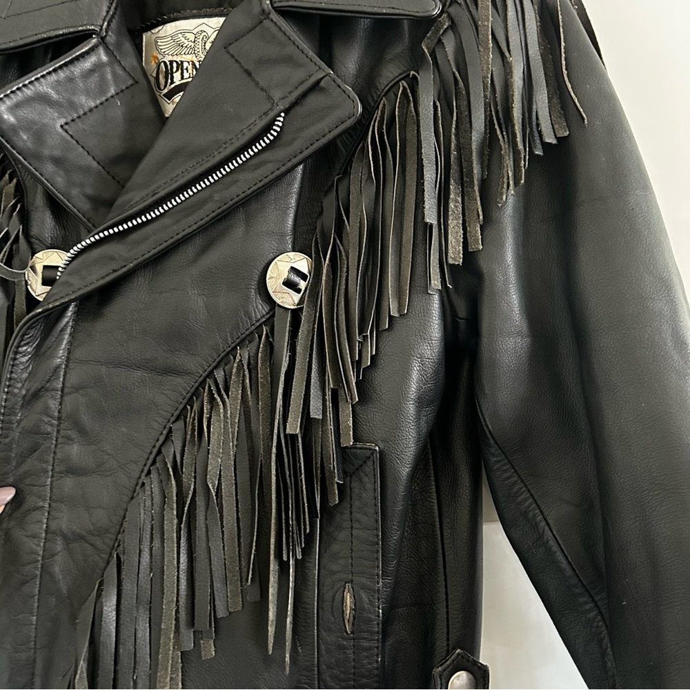 Vintage Black leather Fringe Jacket- Open Road Size 36 made in Korea